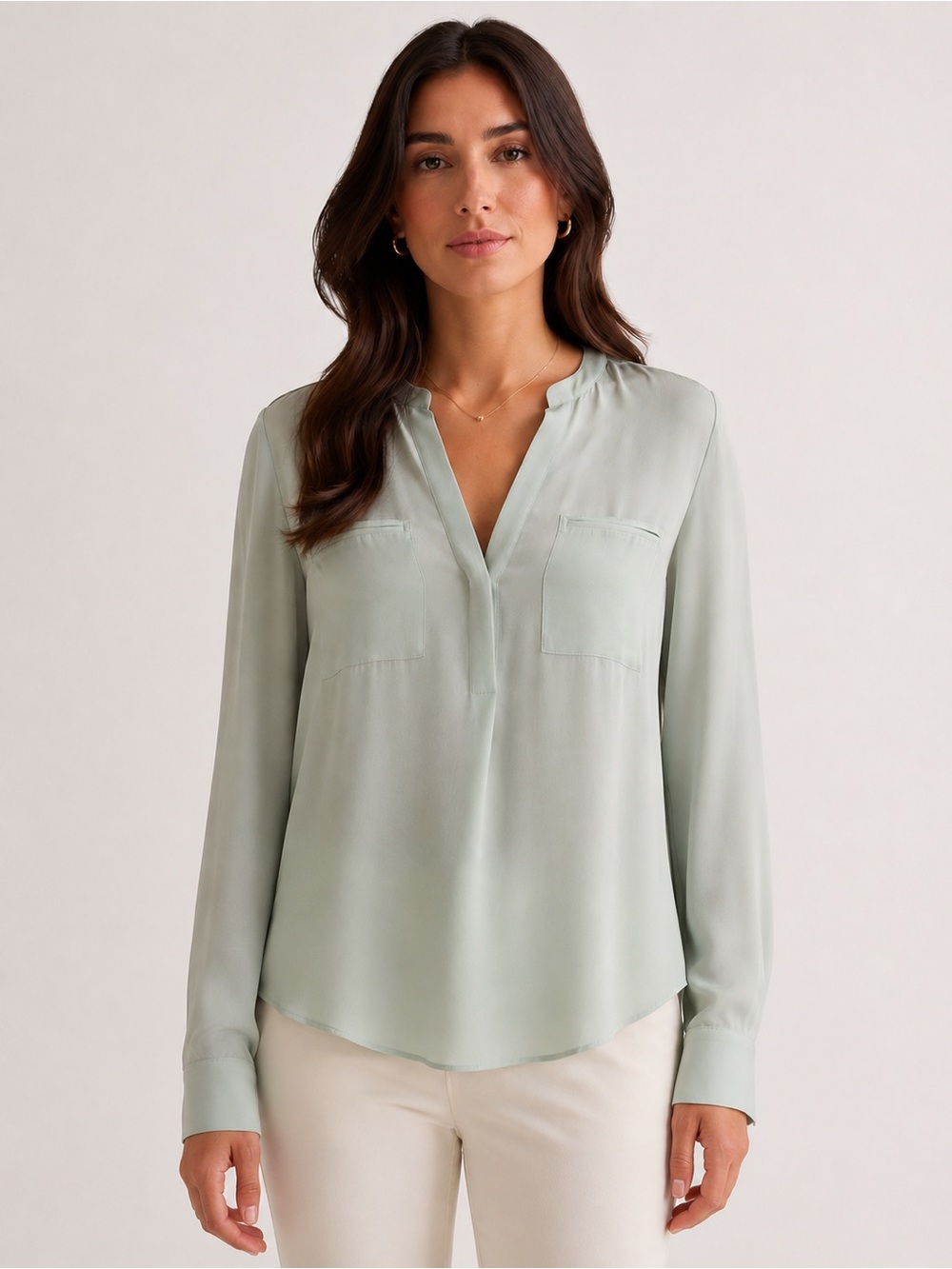 Vince Sage Green Silk Split-Neck Blouse Size Large Pocket Front Tunic Top